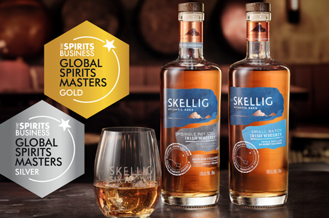 Skellig Irish Whiskey bottles with gold and silver awards