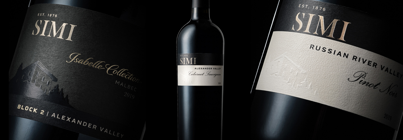 Close-up photos of Simi Winery bottle labels.