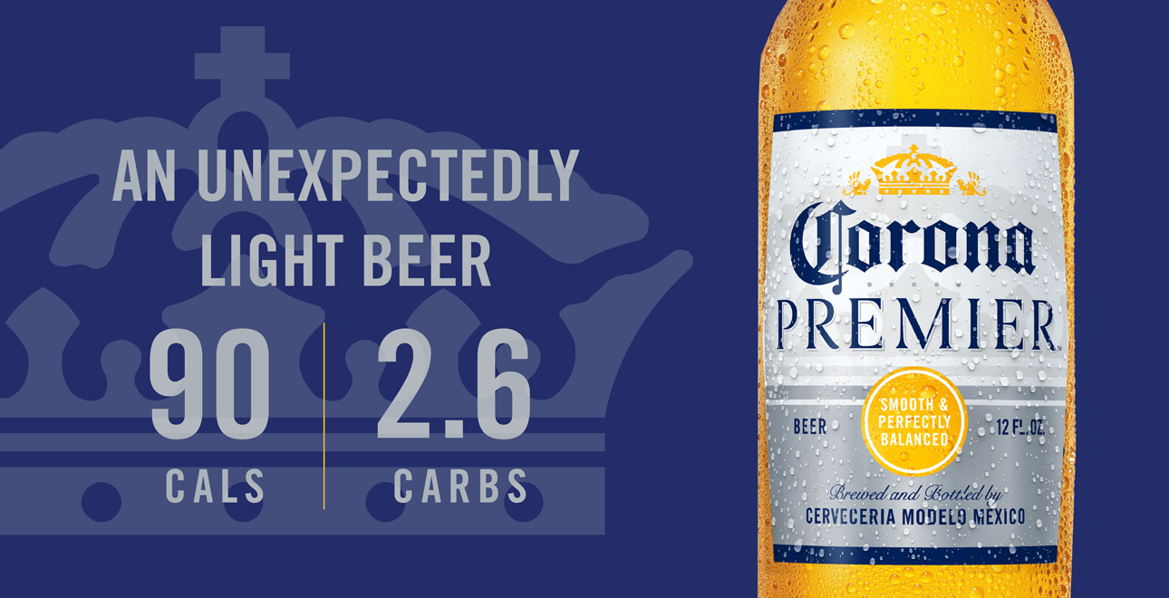Corona Premier bottle label close-up with calories and carbs.