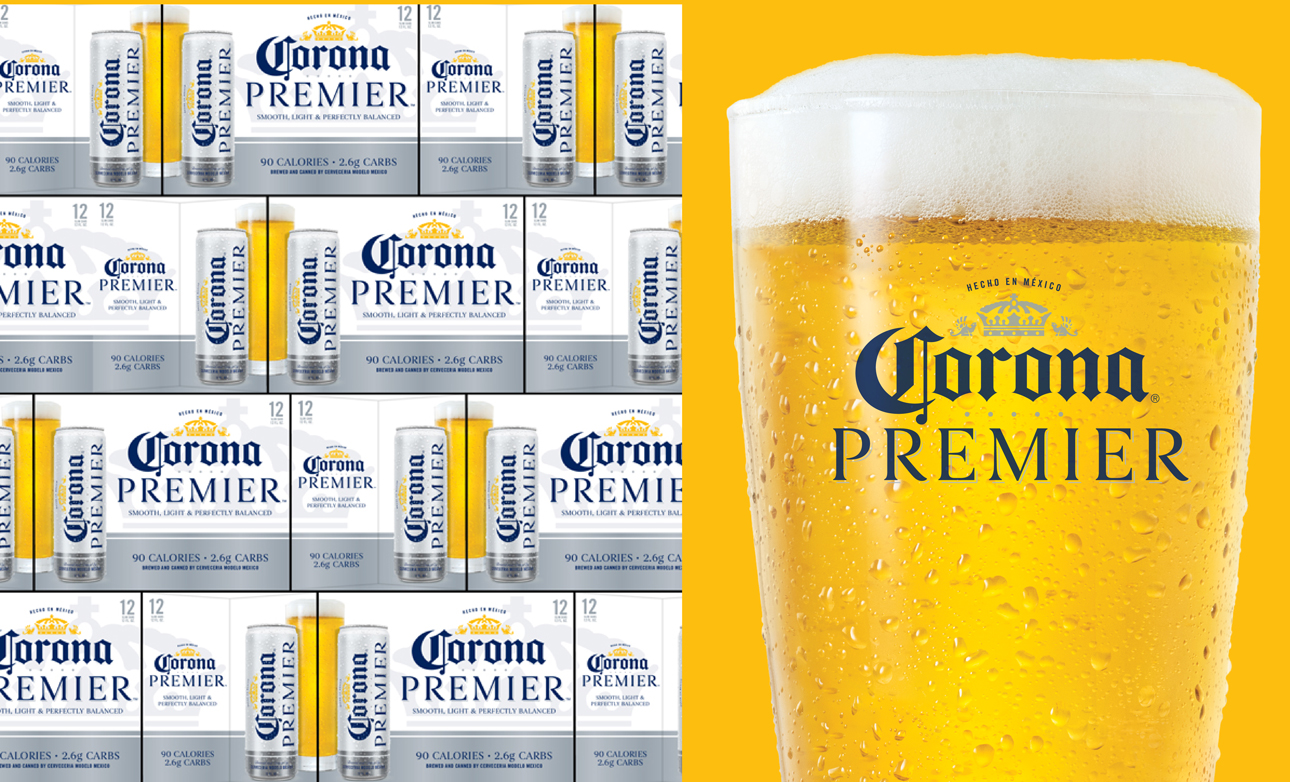 Corona Premier packs stacked and a pour of beer in a glass.