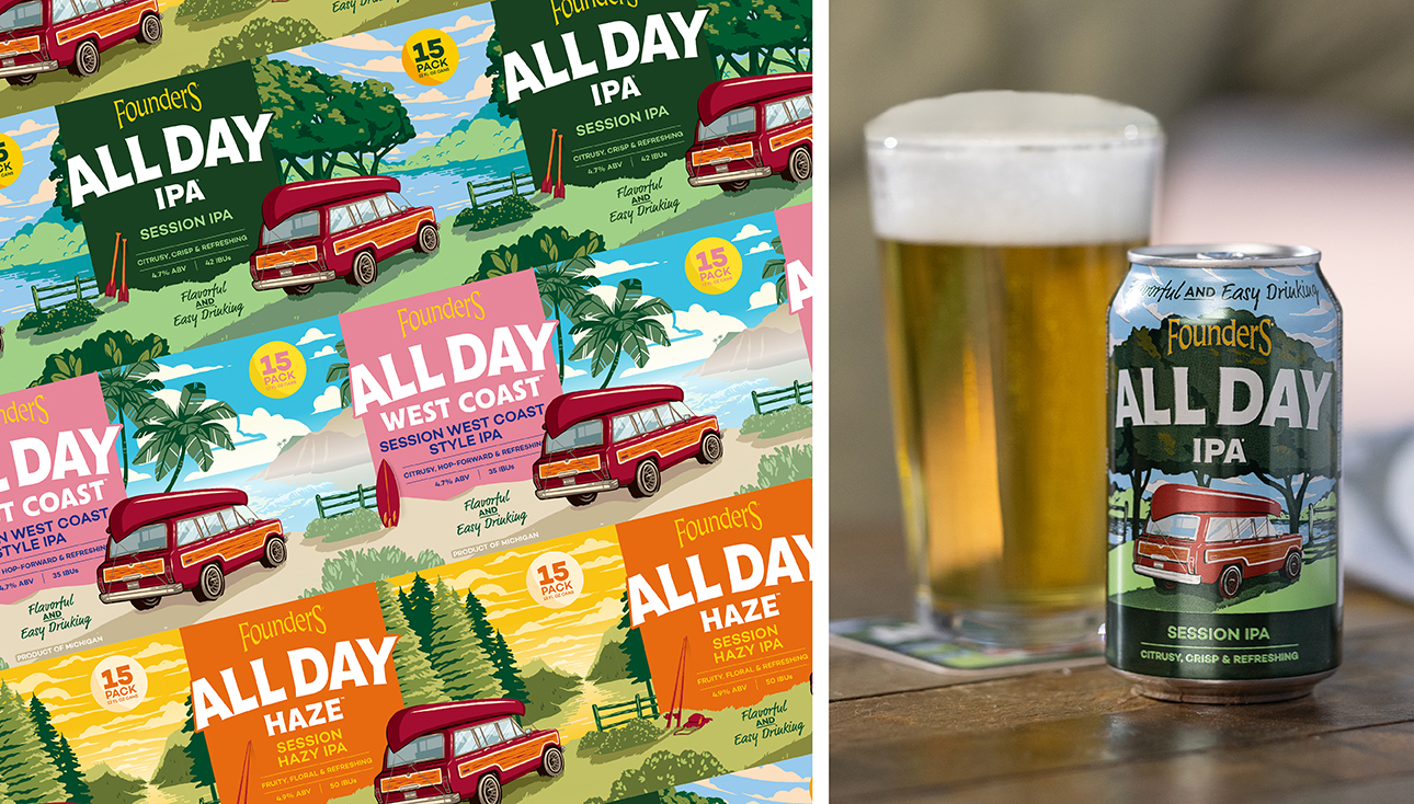 Founders Brewing All Day IPA packaging designs and beer pour.