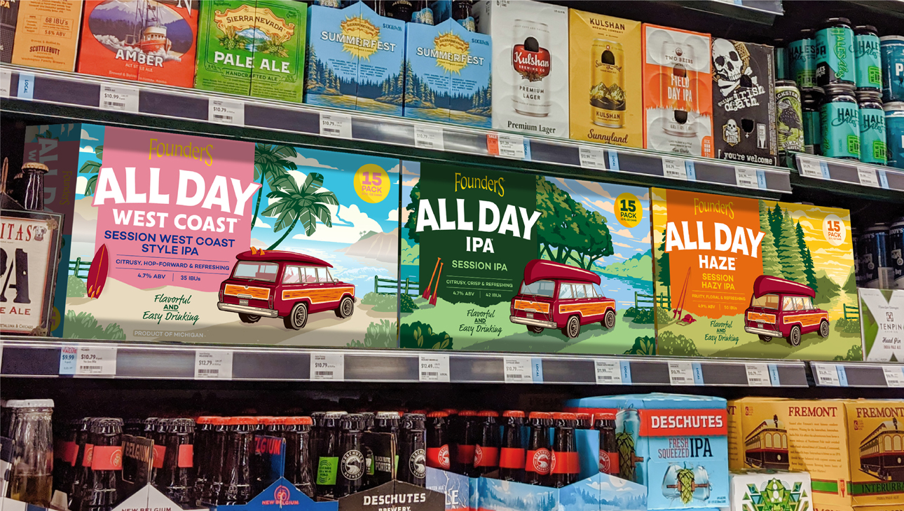 Founders Brewing All Day IPA 15-pack packaging on shelf.