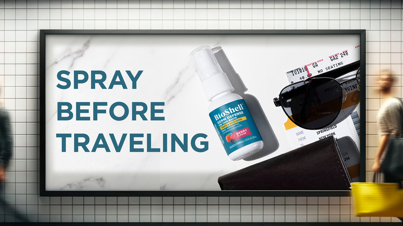 Bioshell Wellness billboard with headline Spray Before Traveling.