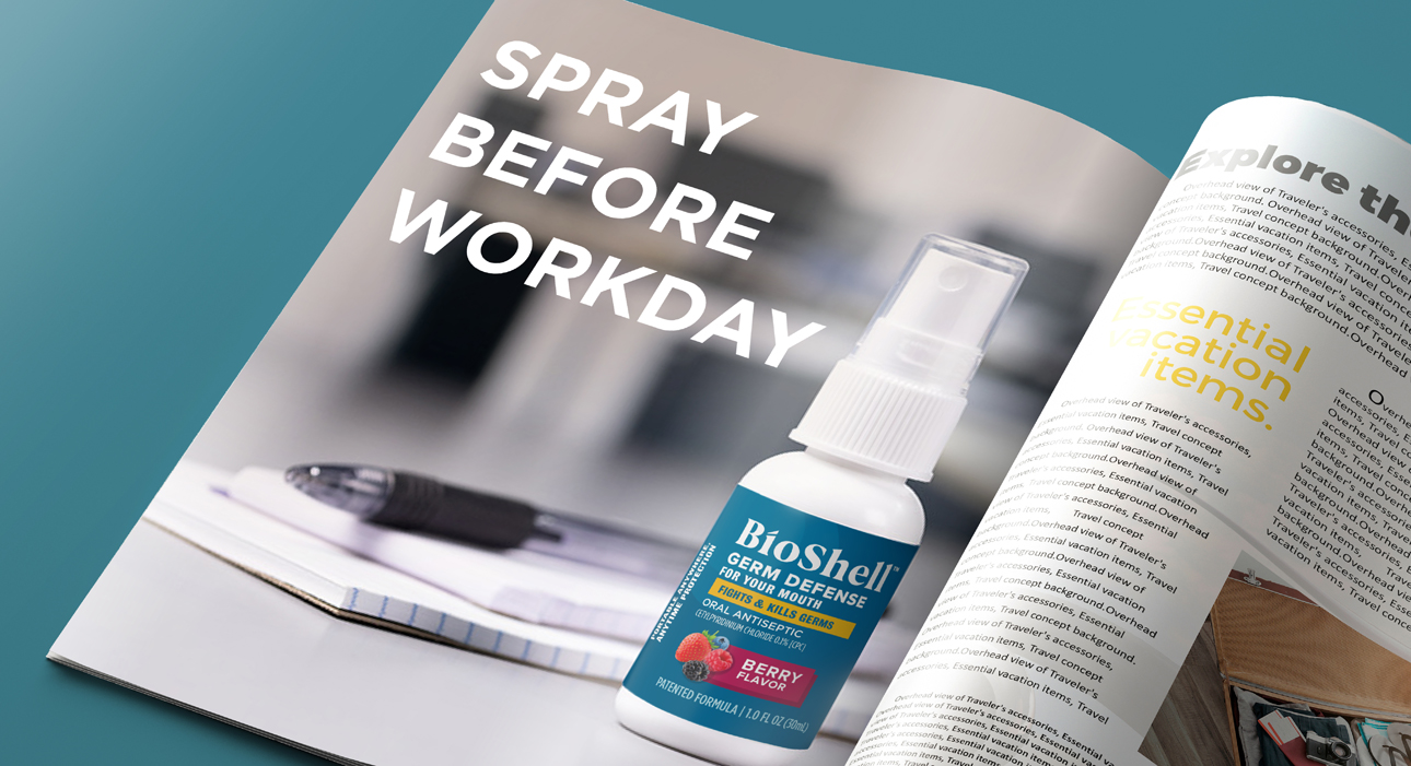 BioShell Wellness magazine advertisement that says Spray Before Work Day.