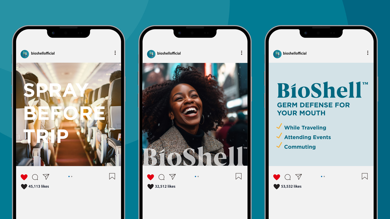 BioShell Wellness social media posts that say Spray Before Trip.