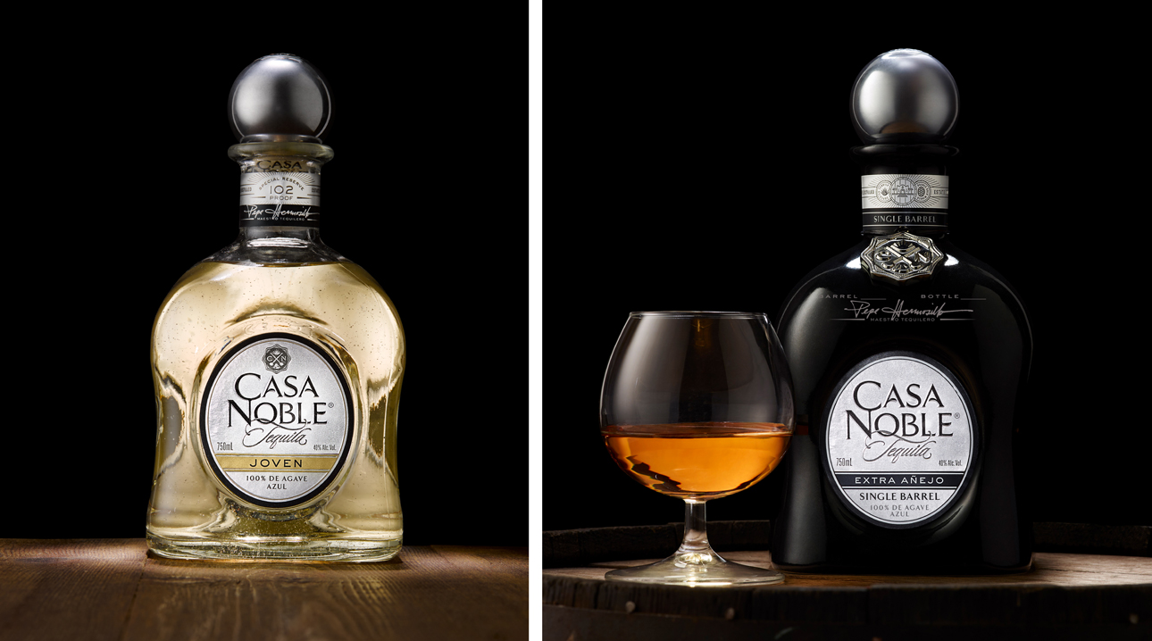 Casa Noble tequila product photos for Joven and Extra Añejo.