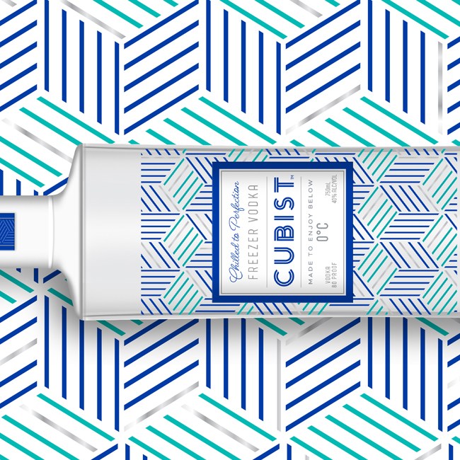 Cubist Vodka bottle on cube pattern background.