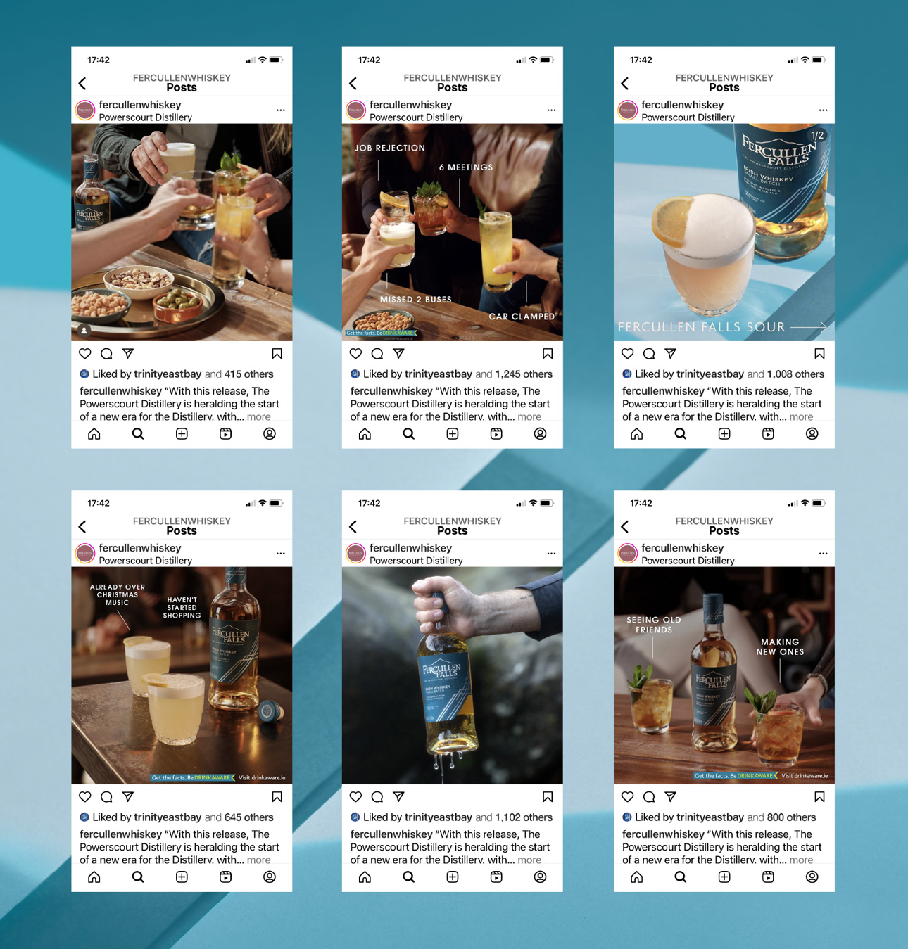 Powerscourt Distillery's Fercullen Falls Irish Whiskey social media posts.