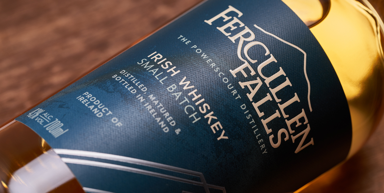 Powerscourt Distillery's Fercullen Falls Irish Whiskey bottle label close-up.