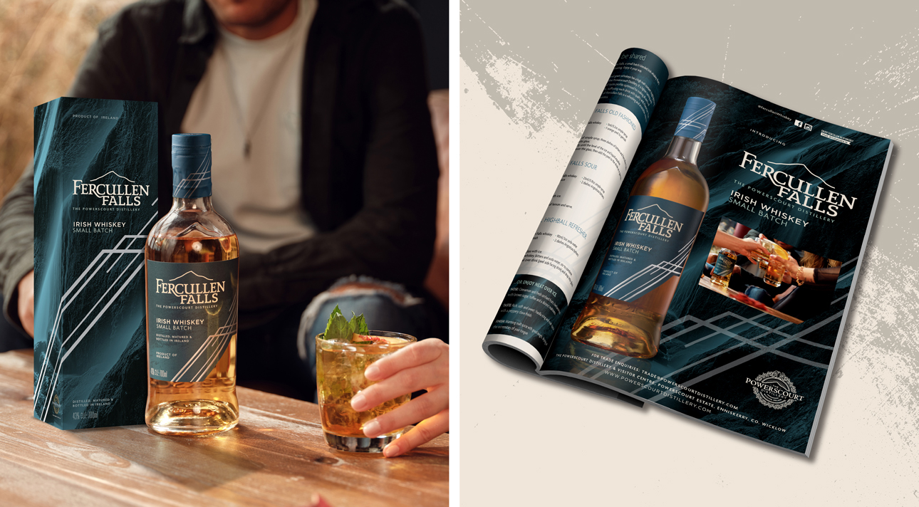 Powerscourt Distillery's Fercullen Falls Irish Whiskey magazine advertisement and gift bag.