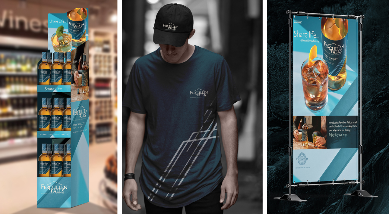 Powerscourt Distillery's Fercullen Falls Irish Whiskey in-store display, t-shirt, and advertisement.