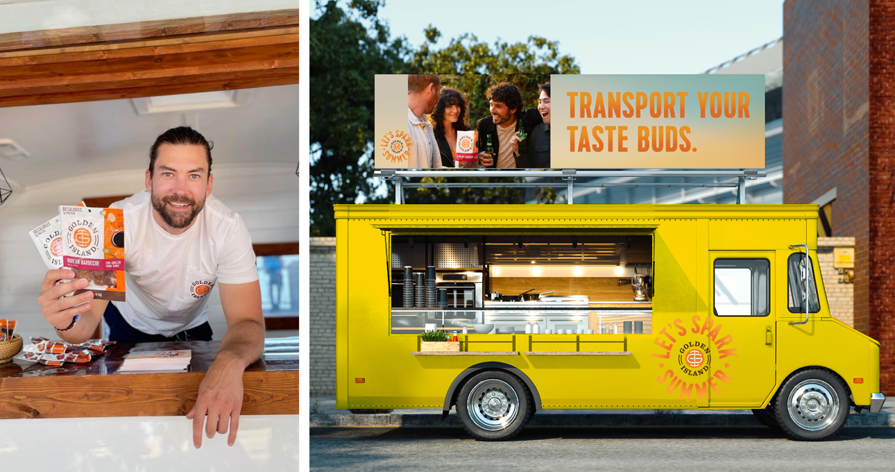 Golden Island food truck with sign that says, Transport your Taste Buds.