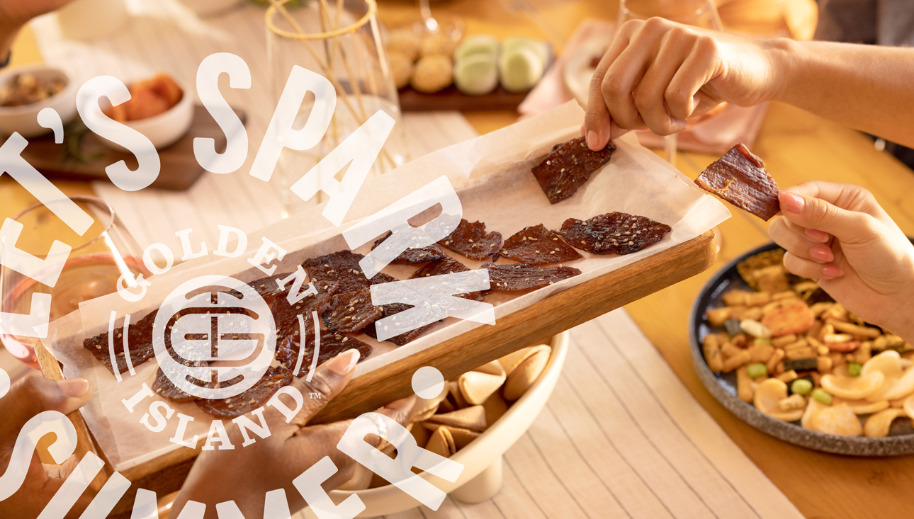 Golden Island beef jerky as part of a charcuterie board.