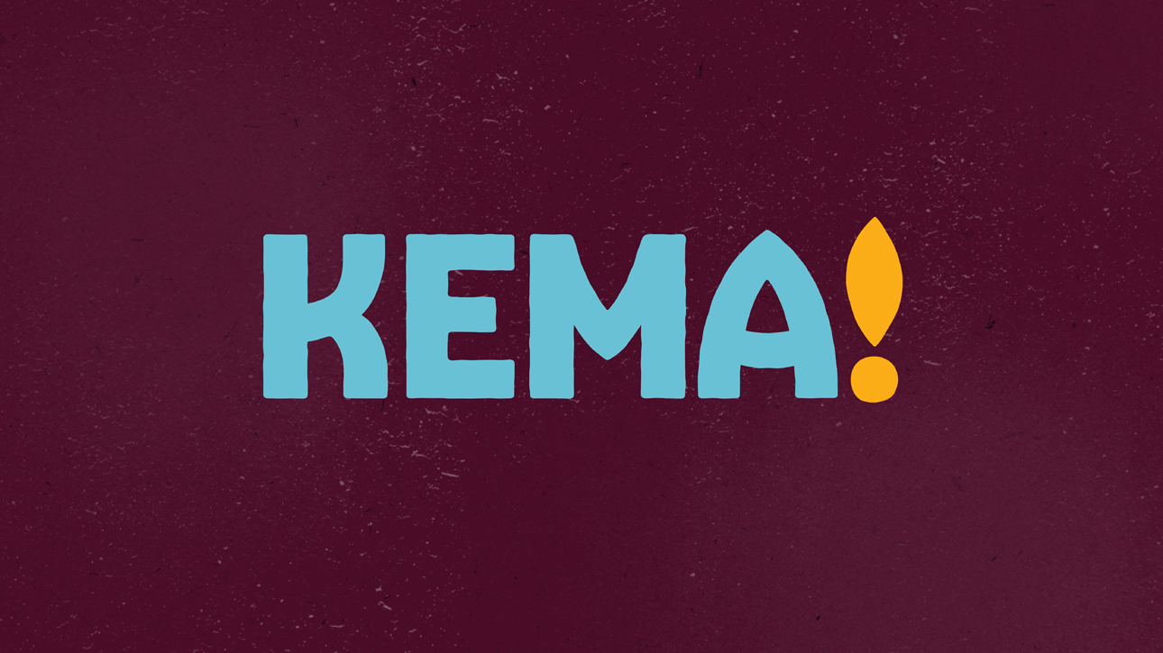 The kema logo in bright blue and yellow on plum.