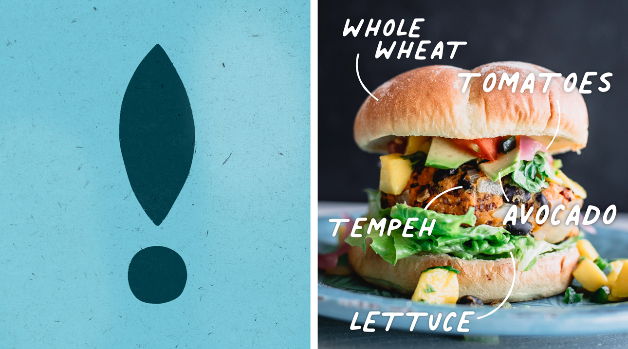 The Kema exclamation point next to a photo of a burger with ingredient callouts.