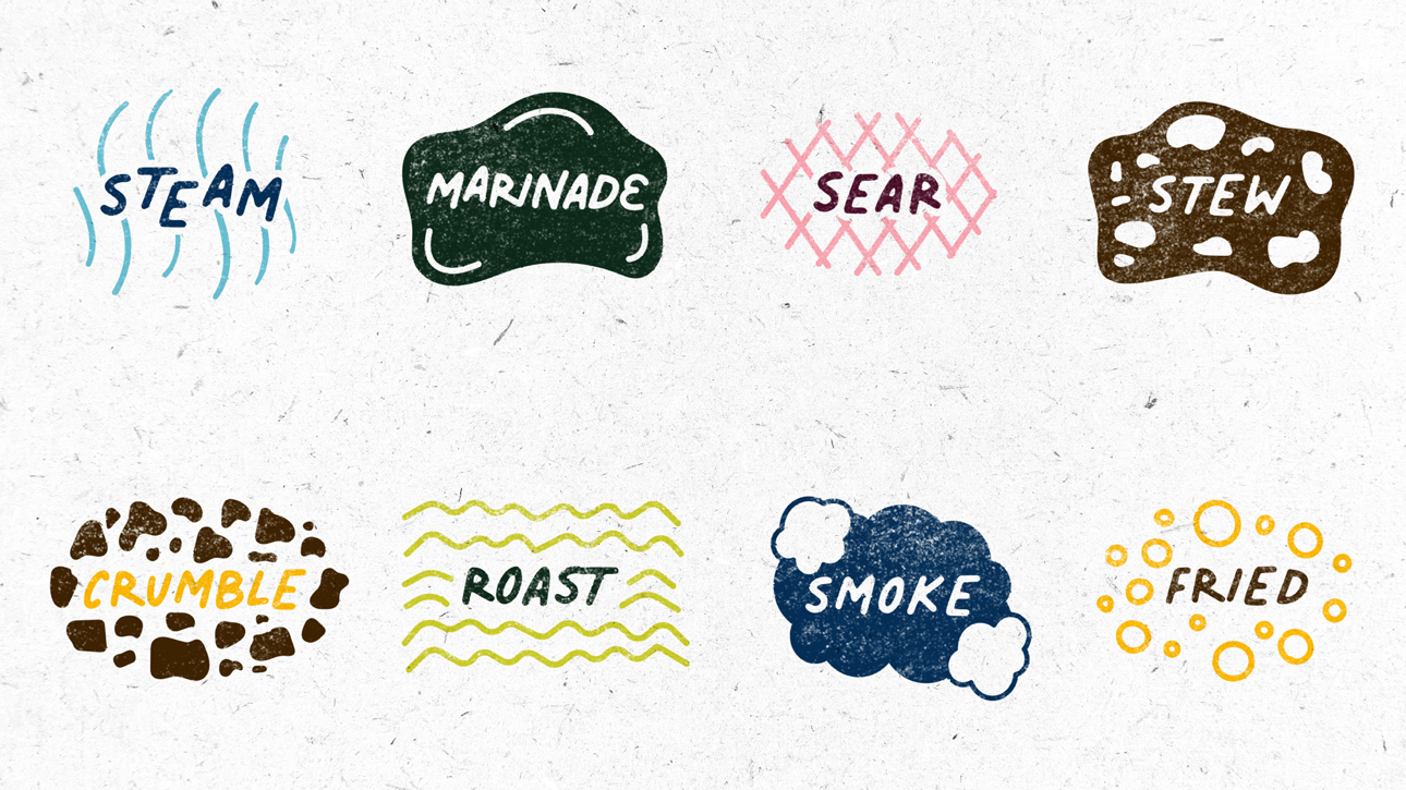 Handwritten icon sets for cooking terms.