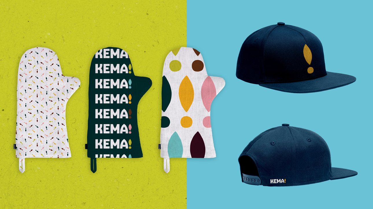 Oven mitts with Kema graphics and a hat.