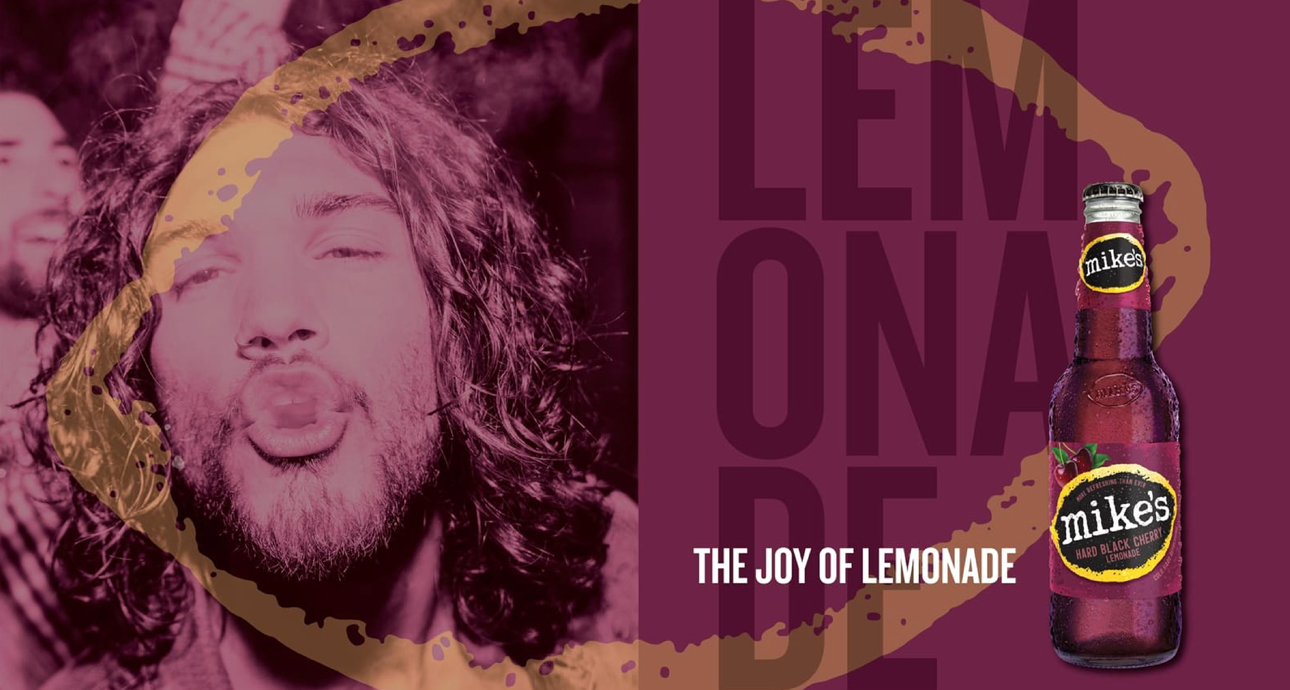 Mike's Hard Lemonade lifestyle graphic with a man and a bottle of beverage.