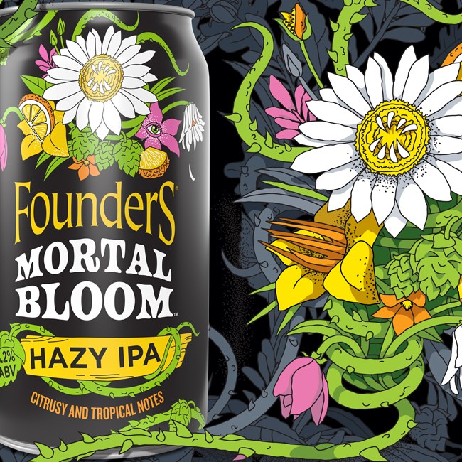 Founders Brewing Mortal Bloom Hazy IPA can packaging and illustration.