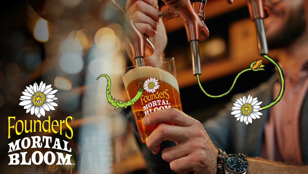 Founders Brewing Mortal Bloom Hazy IPA poured at a tap into a glass.