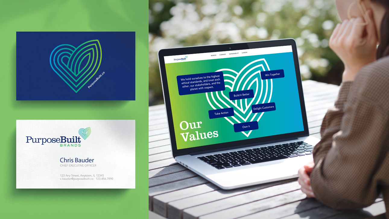 PurposeBuilt Brands website page and business cards.