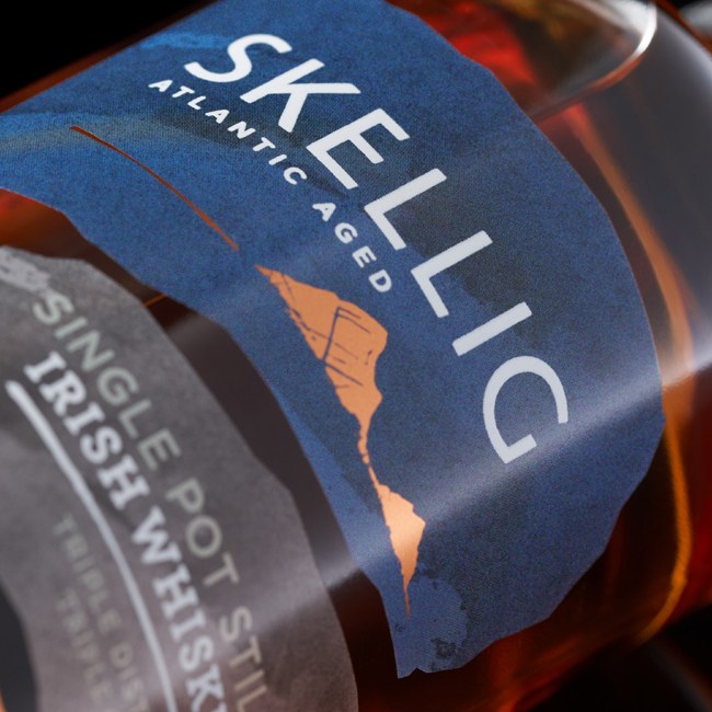 Skellig Six18 Distillery Single Pot Still Irish Whiskey bottle close-up.
