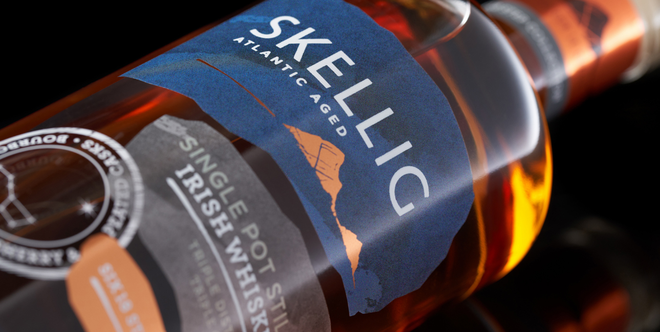 Skellig Six18 Distillery Single Pot Still Irish Whiskey bottle close-up.