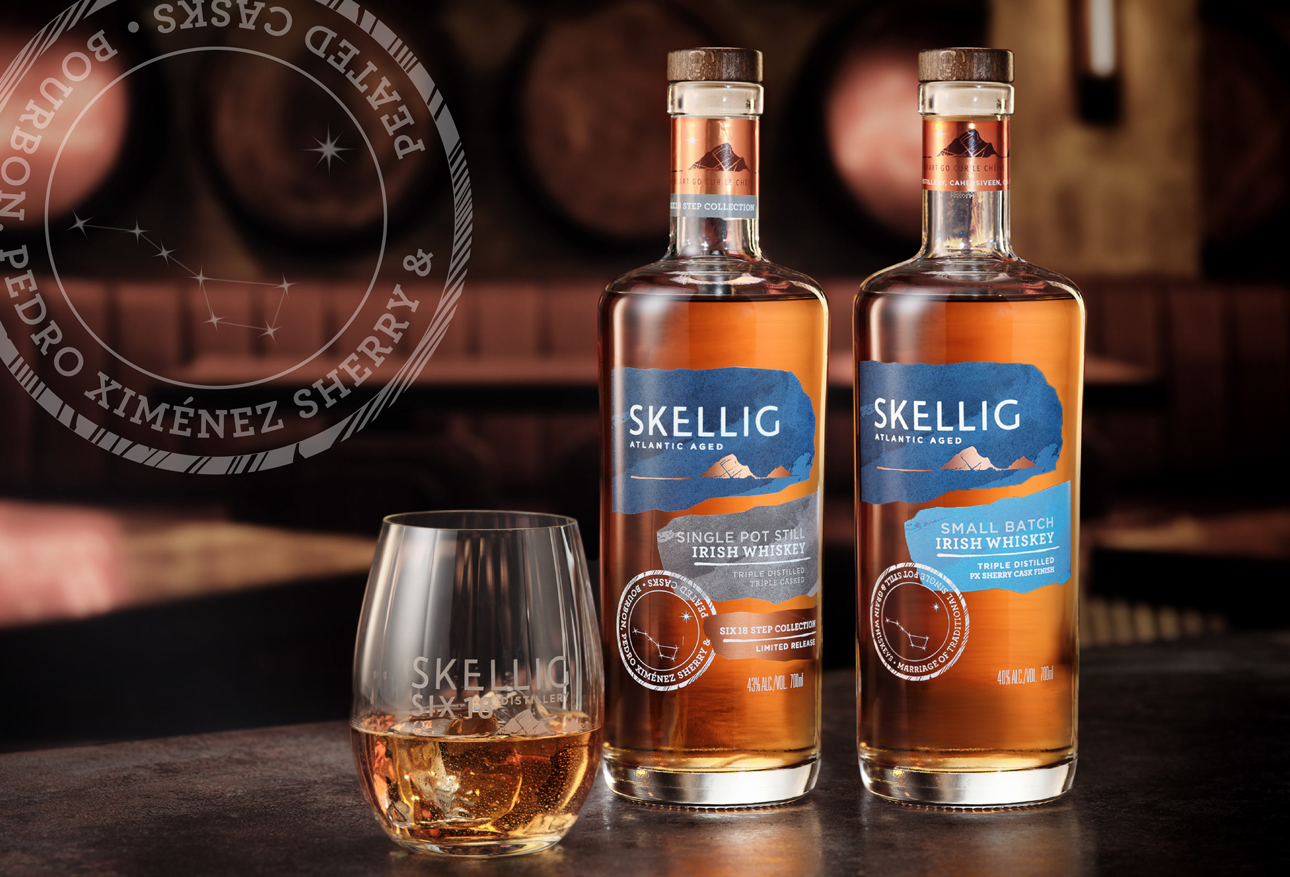 Skellig Six18 Distillery Irish Whiskey products with a glass of whiskey.