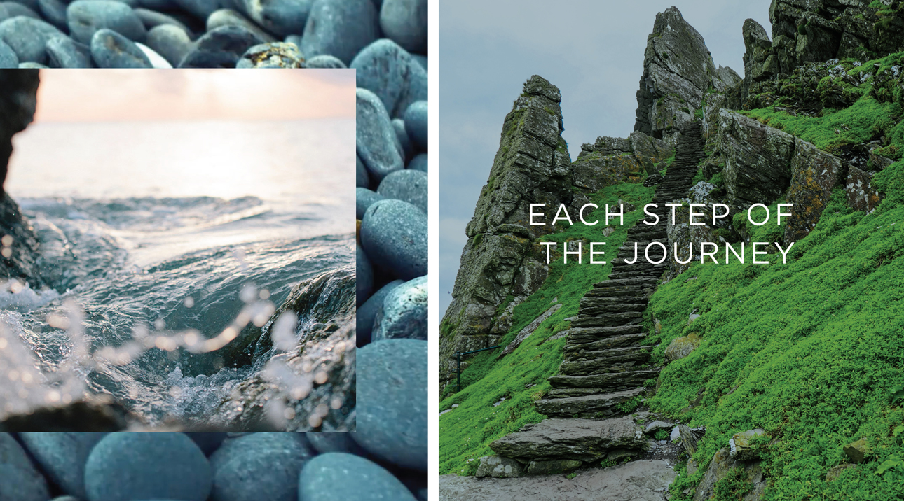 Skellig Six18 Distillery environment inspiration with steps and water.