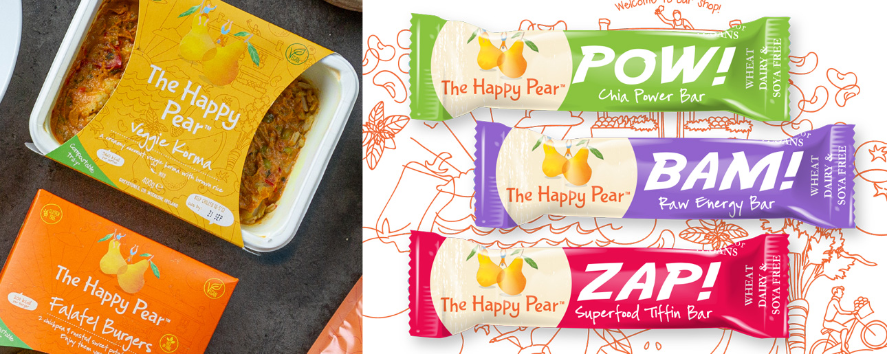The Happy Pear™ premade meals and power bar packaging.