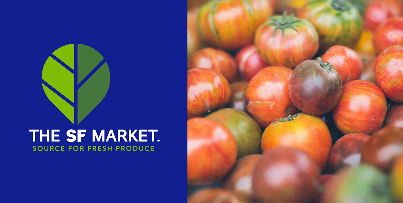 The SF Market logo and a pile of tomatoes.