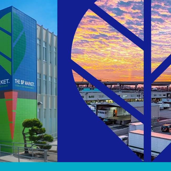 The SF Market building mural and leaf cutout over sunset.