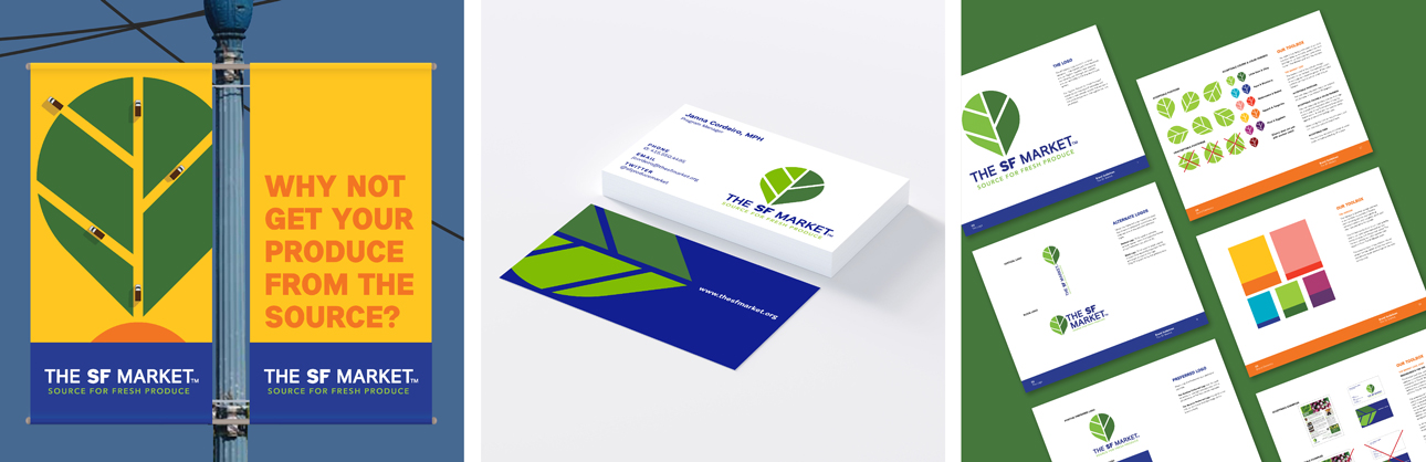 The SF Market flag, business cards, and presentation template.