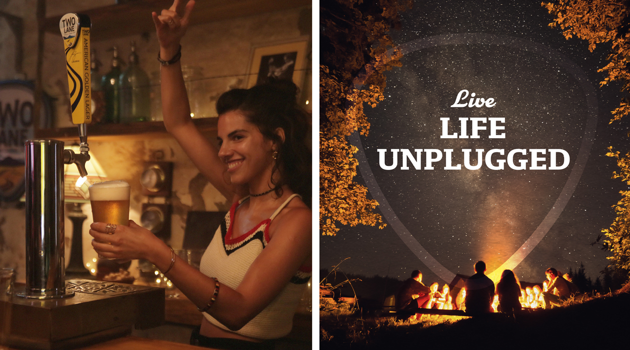 Two Lane beer being poured from a tap in a bar and the quote, Live Life Unplugged.