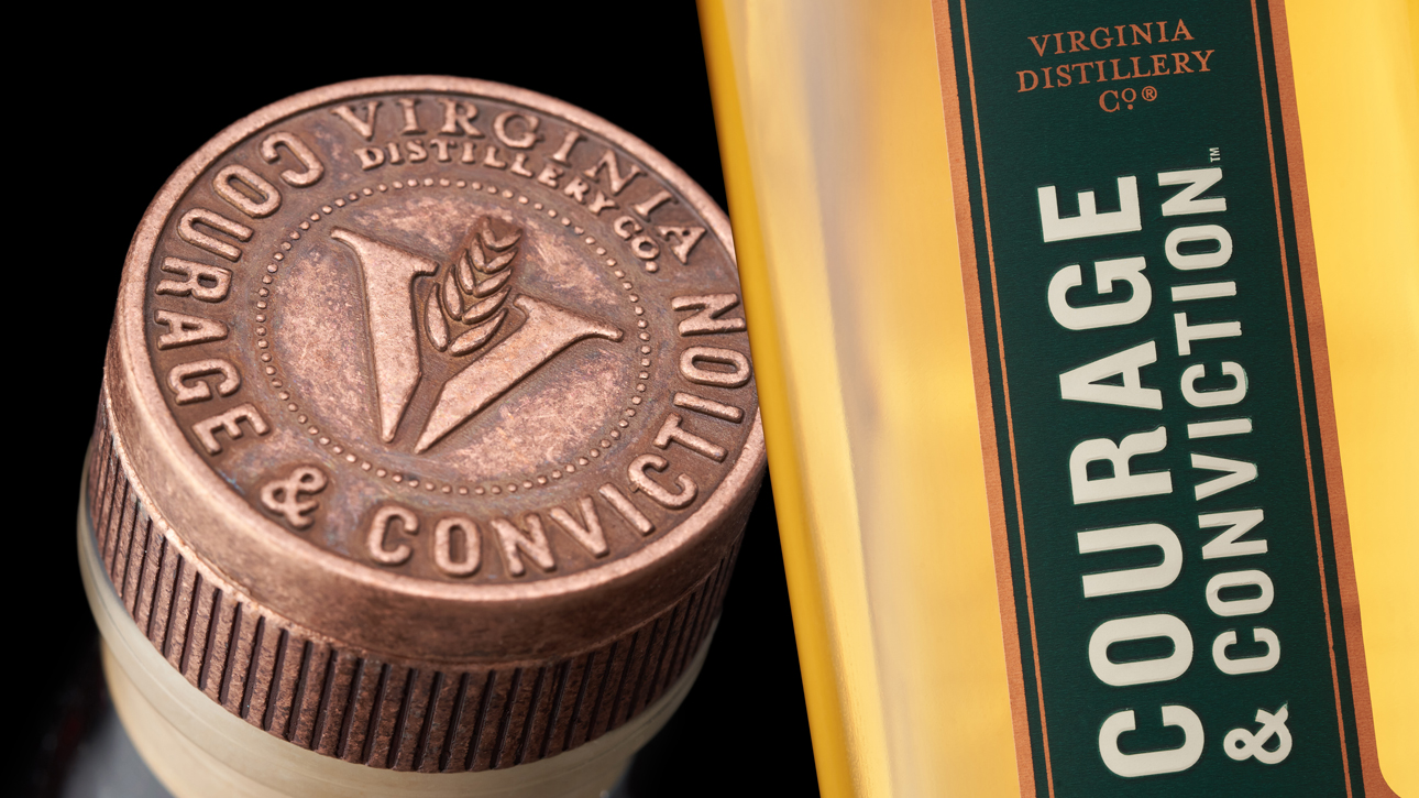 Virginia Distillery Co Courage & Conviction Bourbon Cask bottle close-up.