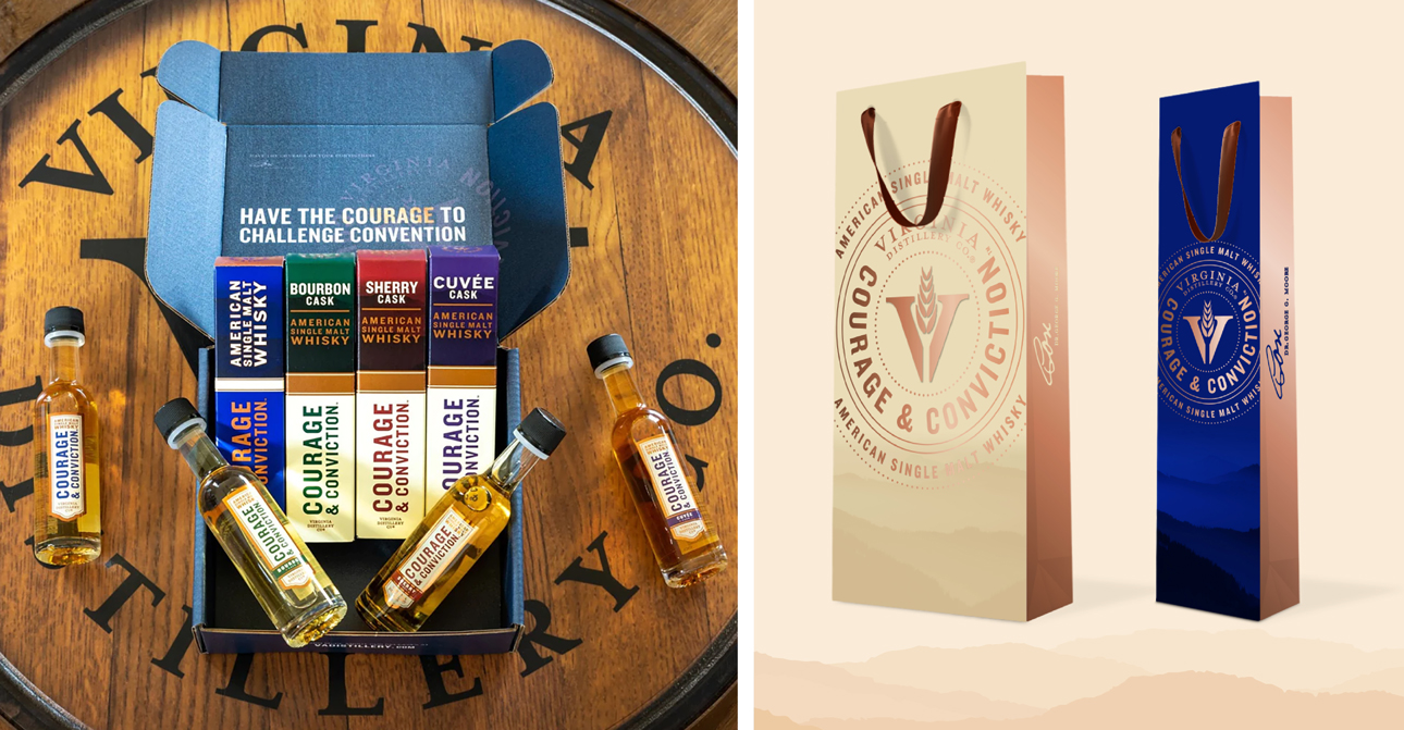 Virginia Distillery Co Courage & Conviction gift set and bag.