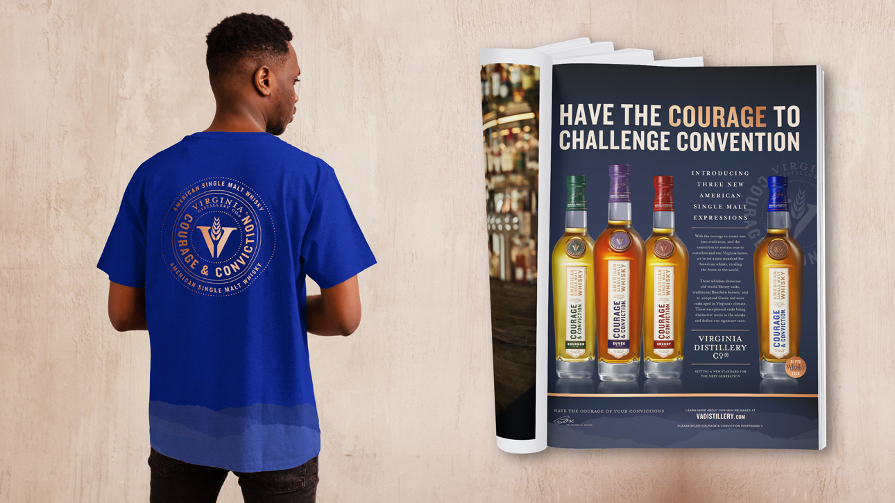 Virginia Distillery Co Courage & Conviction shirt design and magazine advertisement.