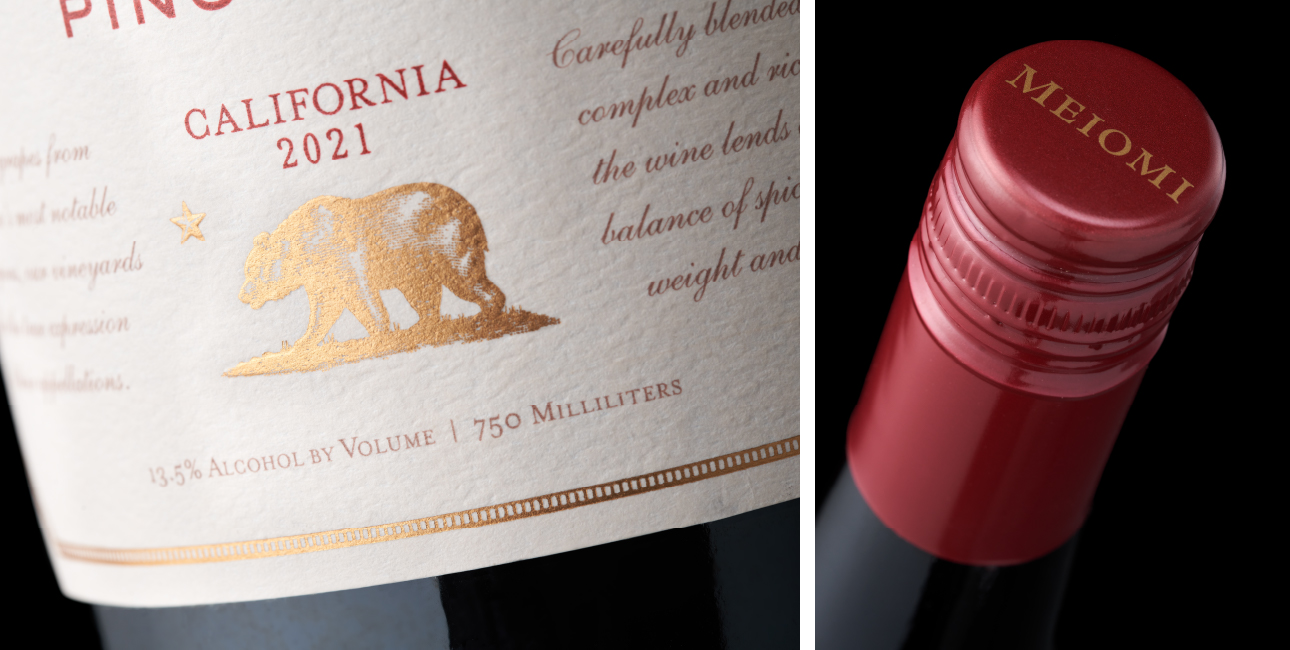 Meiomi wine label and finishes close-up shots.