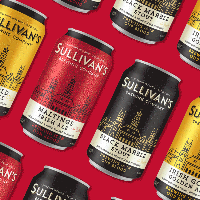 Sullivan's Brewing Company cans creating a pattern.