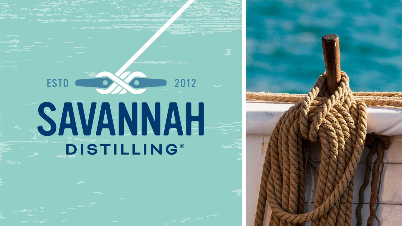Savannah Distilling logo next to a boat rope.