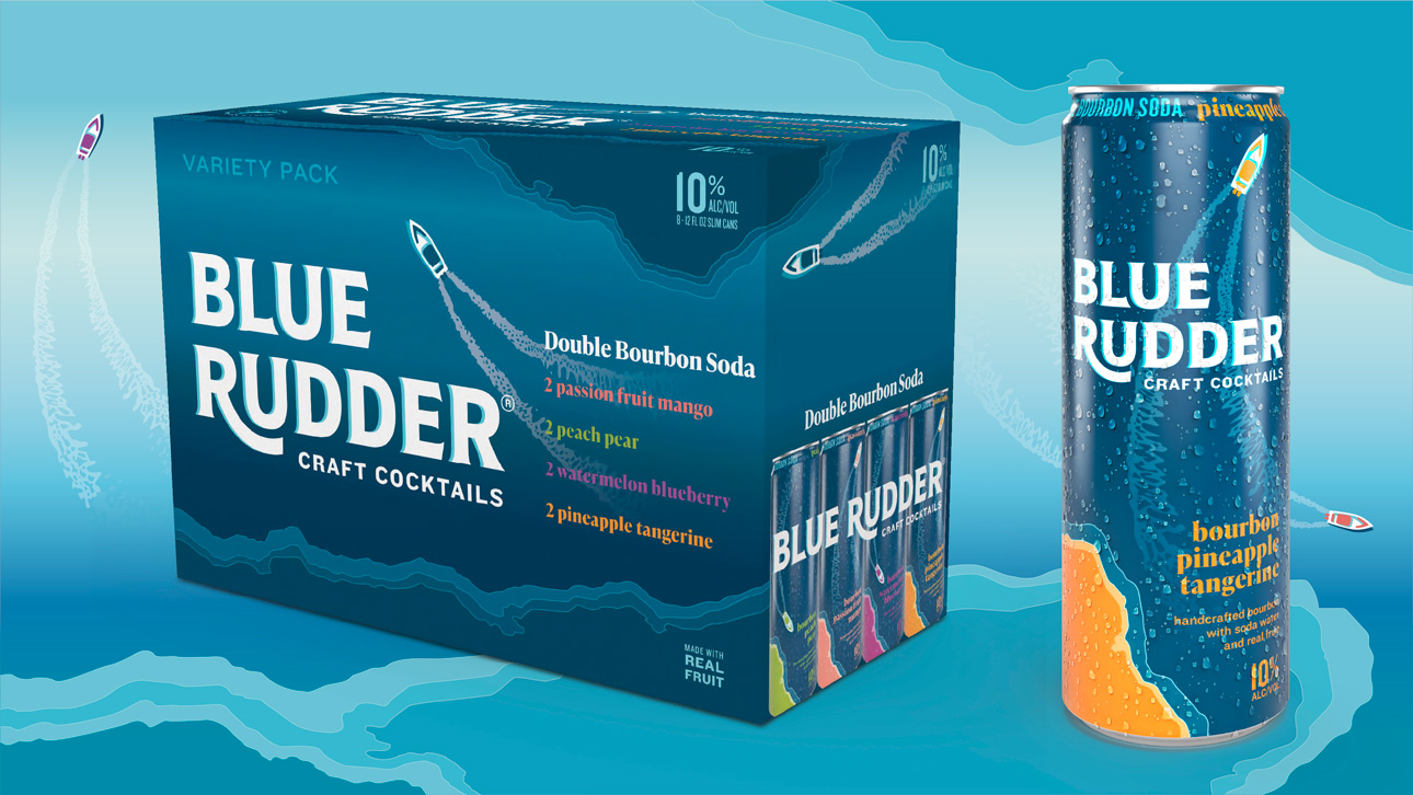 Savannah Distilling Blue Rudder packaging box and can.
