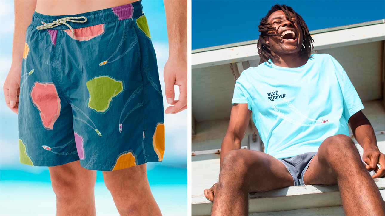 Savannah Distilling merchandise, swim trunks and a t-shirt.