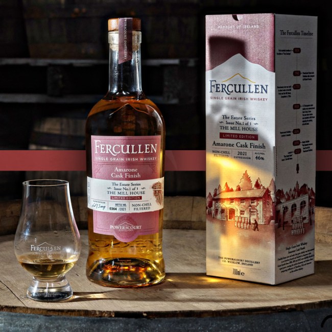 Fercullen Estate Series bottle and box packaging with a glass of whiskey on a tray