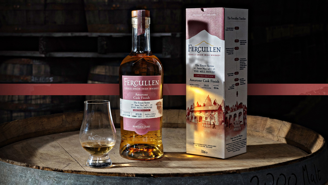 Fercullen Estate Series bottle and box packaging with a glass of whiskey on a tray