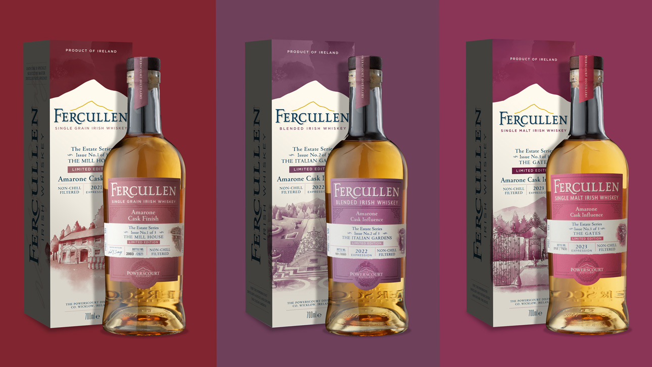 Fercullen Estate Series bottle and box packaging, three varieties.