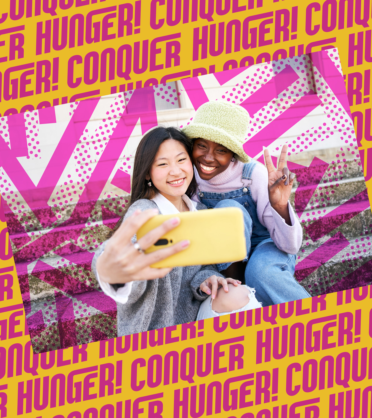 Jack Link's JL Wild tagline, Conquer Hunger, around two people taking a selfie.