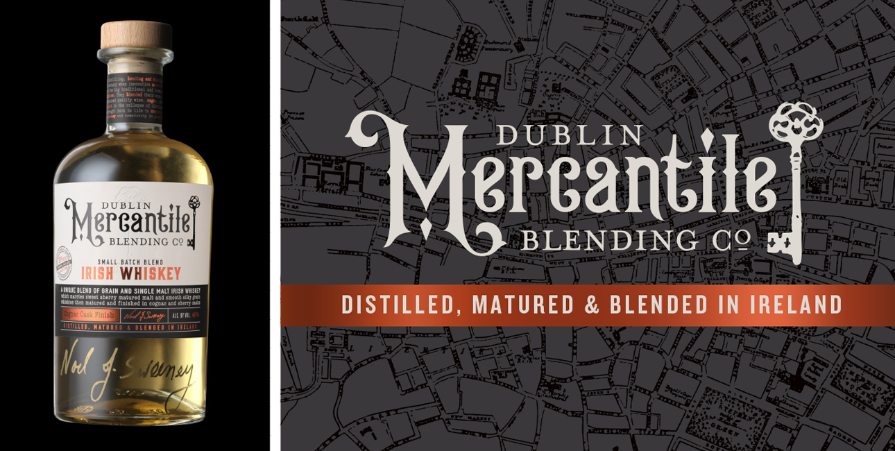 Dublin Mercantile Blending Co. Whiskey bottle next to a logo lock-up.