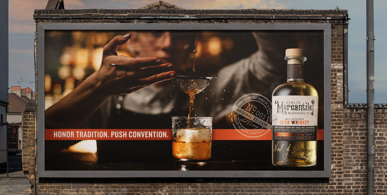 Dublin Mercantile Blending Co. Whiskey billboard advertisement.