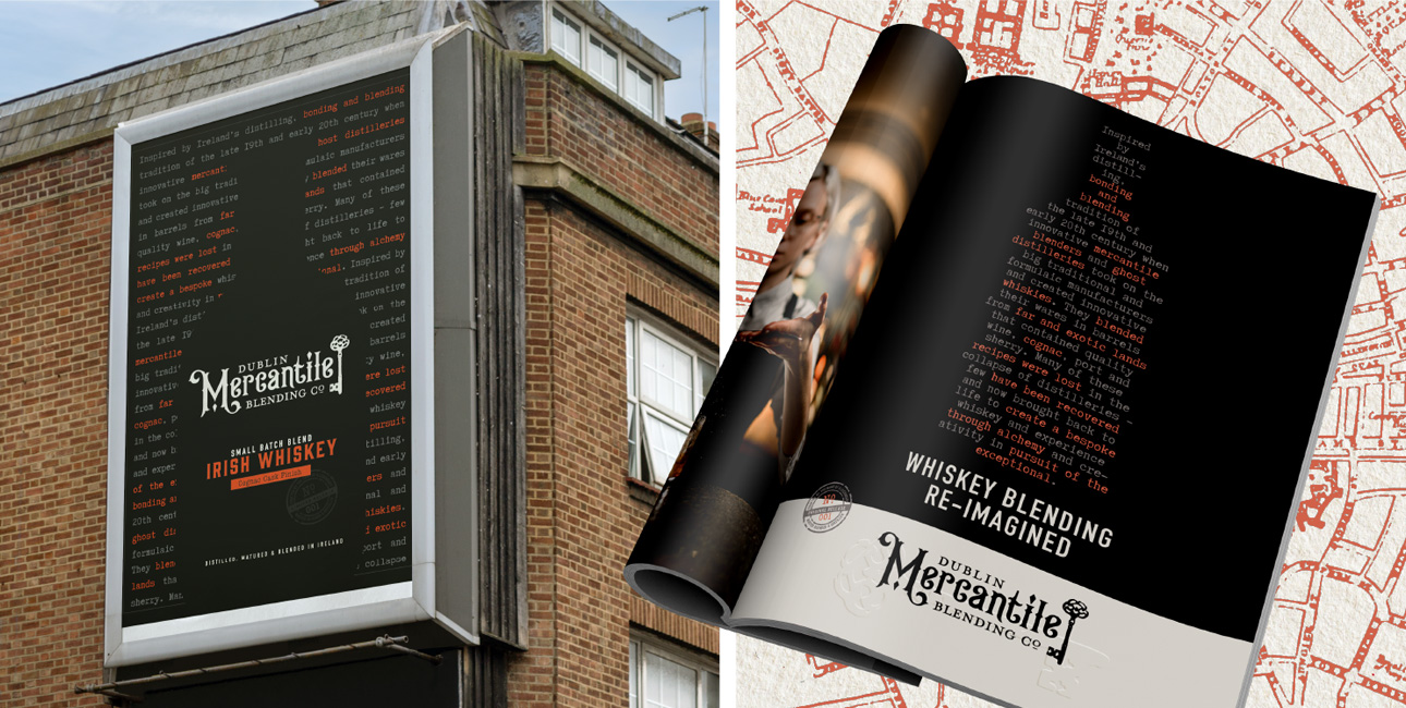 Dublin Mercantile Blending Co. Whiskey billboard advertisement.