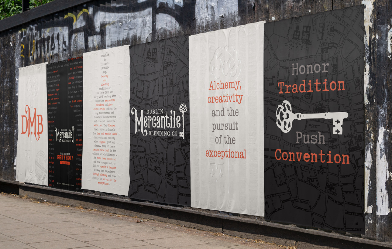 Dublin Mercantile Blending Co. Whiskey wall of advertisements.